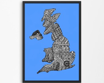 UK Map Print, Zentangle Regno Unito Wall Art, Blu, Abstract UK Home Decor, Inghilterra, Scozia, Galles, Irlanda del Nord Mappa