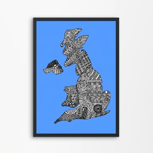 Uk Map Print, Zentangle United Kingdom Wall Art, Blau, Abstraktes Uk Home Decor, England, Schottland, Wales, Nordirland Karte