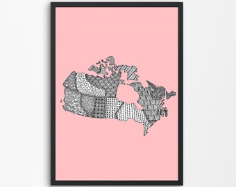 Canada Map Print, Zentangle Canada Wall Art, Millenial Pink, Abstract Canada Home Decor, Hand drawn, Zentangle Map of Canada