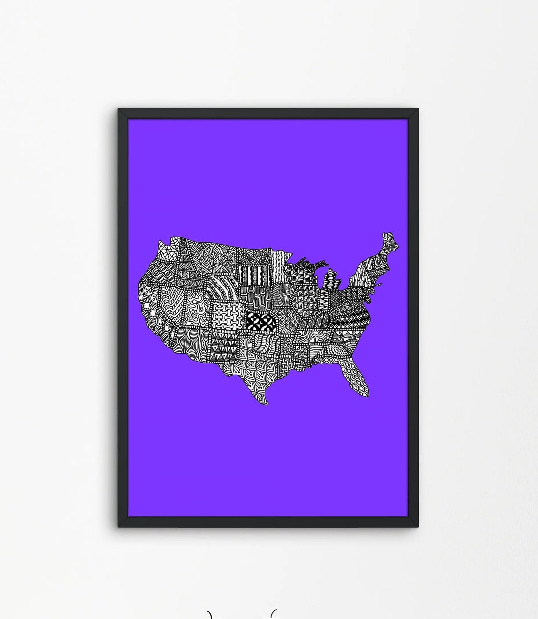 USA Map Print, Zentangle US Wall Art, Indigo, Abstract USA America Home