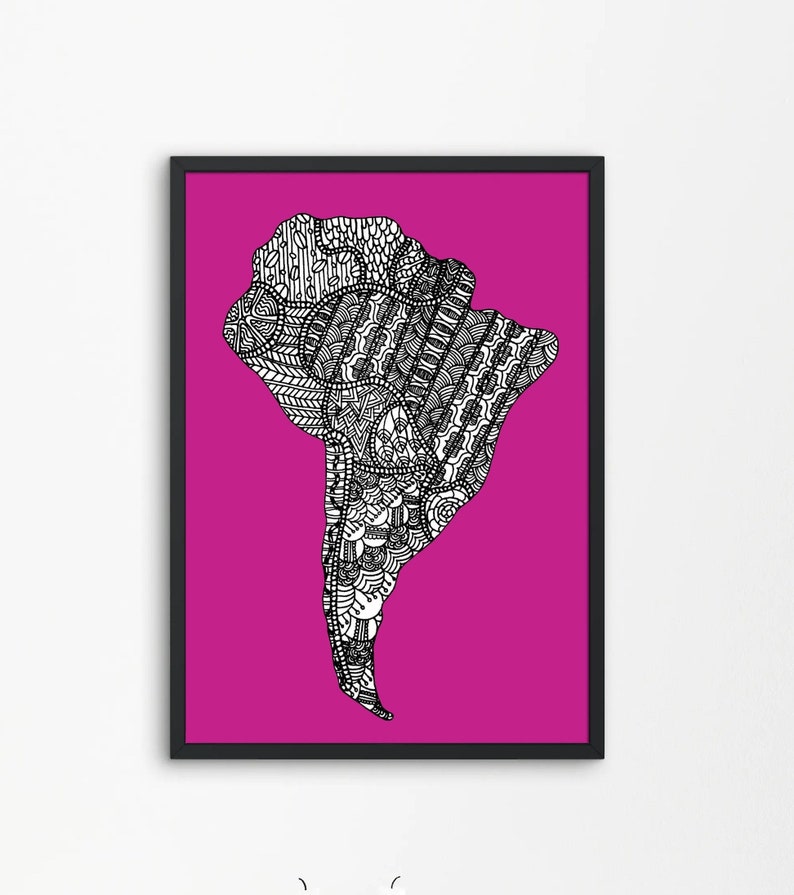 South America Map Print, Zentangle Map of South America Wall Art