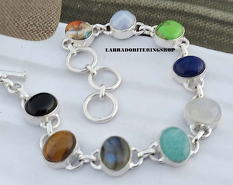Sterling Silver Multi Color Gemstone Bracelet, Moonstone Labradorite