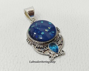 Australian Opal & Blue Topaz 925 Silver Pendant, Handmade Statement Jewelry