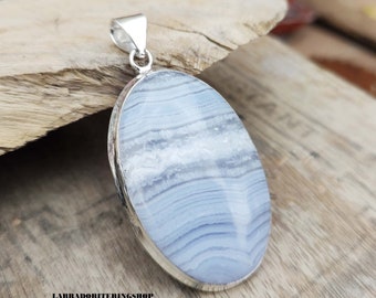 Handmade Sterling Silver Blue Lace Agate Pendant, Gemstone Jewelry