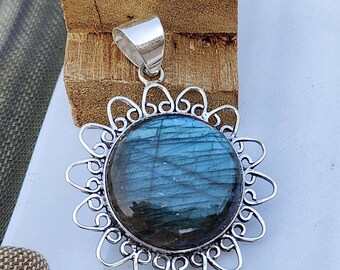 Pendentif rond fait main en labradorite, bijoux en argent sterling 925