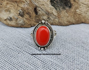 Handmade Red Coral Ring: 925 Sterling Silver Gemstone Jewelry