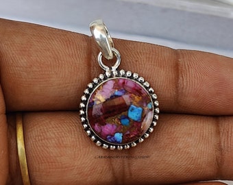 Pink Oyster Turquoise Pendant: 925 Sterling Silver Boho Jewelry