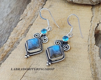 Handmade Labradorite & Blue Topaz Earrings: Sterling Silver Dangle Earrings