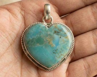Kingman Turquoise Heart Shape Pendant, 925 Sterling Silver, Party Wear Designer Jewelry, Gifts,