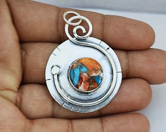 Pendentif fait main en argent sterling turquoise, bijoux bohèmes en pierres précieuses