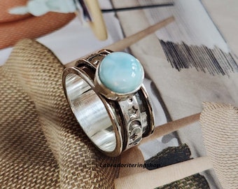 Larimar Sterling Silver Spinner Ring, Handmade Boho Fidget Ring
