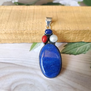 Handmade Lapis Lazuli, Coral & Pearl Pendant: Sterling Silver Gemstone