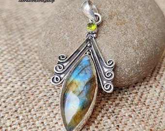 Pendentif fait main en argent sterling labradorite et citrine, bijoux tendance