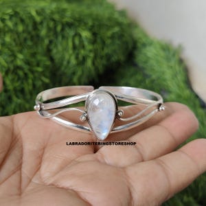 Rainbow Moonstone Bangle: Handmade 925 Sterling Silver Adjustable Jewelry