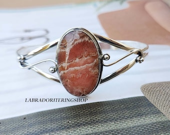 Bracelet-jonc fait main avec pierres gemmes de rhodochrosite, argent sterling 925