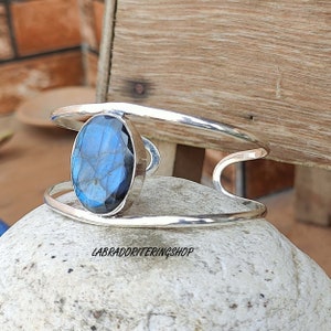 Blue Labradorite Bangle, Adjustable Bangle, 925 Sterling Silver Bangle, Handmade Jewelry, Boho Bangle, Labradorite Gemstone, Gift For He,///