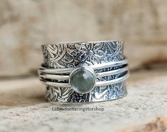 Aquamarine Sterling Silver Spinner Ring, Handmade Fidget Jewelry