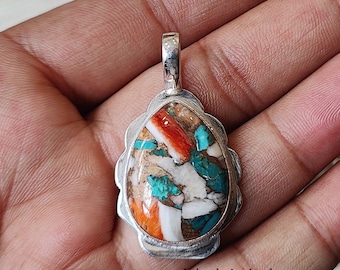 Pendentif huître cuivre turquoise, argent sterling 925, bijoux en pierres précieuses faits main