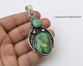 Turquoise de cuivre verte faite main, pendentif en argent sterling 925