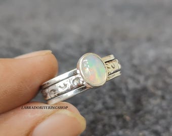 Opal Stone 925 Sterling Silver Fidget Ring: Handmade Spinner Band