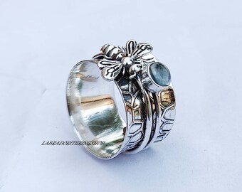Handmade Aquamarine Bee Spinner Ring: 925 Sterling Silver