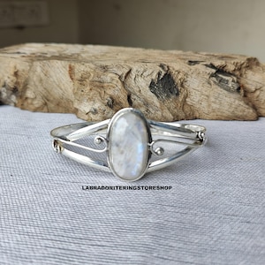 Rainbow Moonstone Bangle: Adjustable 925 Sterling Silver, Handmade