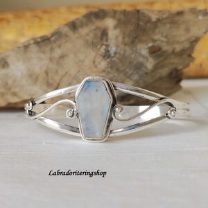 Handmade Coffin Rainbow Moonstone Bangle: 925 Sterling Silver