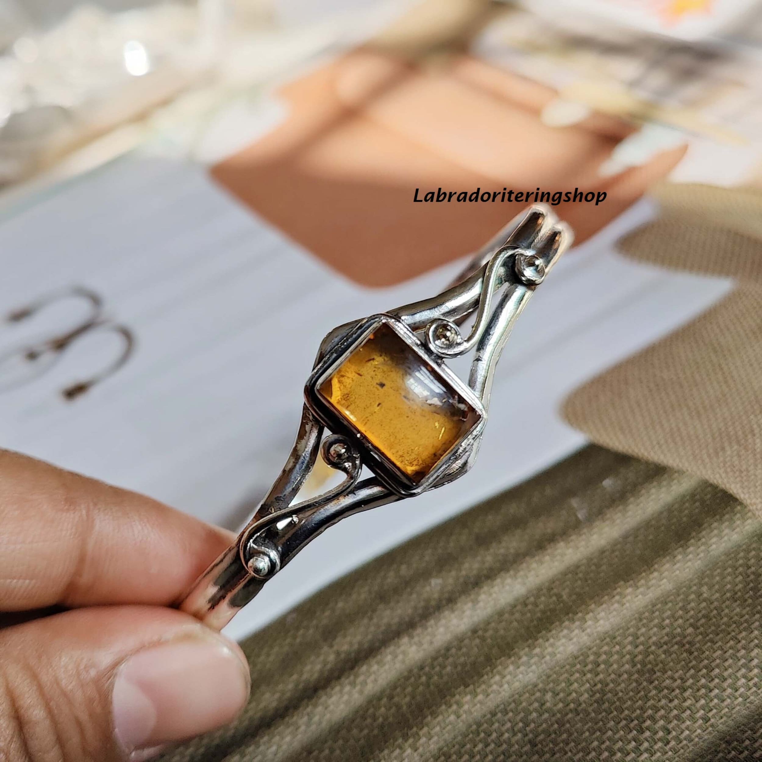 Bracelet Jonc "Toi Et Moi" En Argent 925 Avec Ambre Baltique - Diamètre 60mm, Artisanal Français