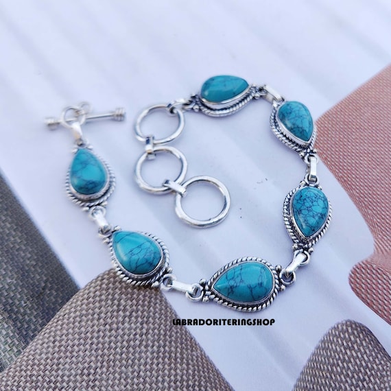 💎 Bracelet En Argent Sterling 925 Avec Turquoise - Fait Main, Réglable - Bijoux Femme Ou Homme - Neuf Sans Emballage