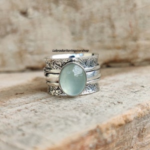 Aquamarijn sterlingzilveren spinnerring: handgemaakte Fidget Anxiety-sieraden