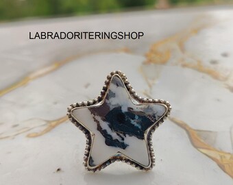 Bague étoile faite main en jaspe de buffle, bijoux bohèmes en argent