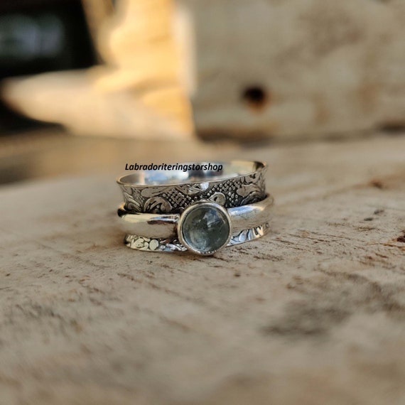 Aquamarine Sterling Silver Spinner Ring, Boho Anxiety Ring