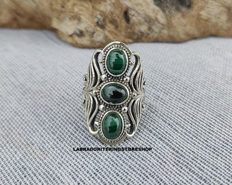 Oval Malachite Gemstone Ring: 925 Sterling Silver Designer Ring