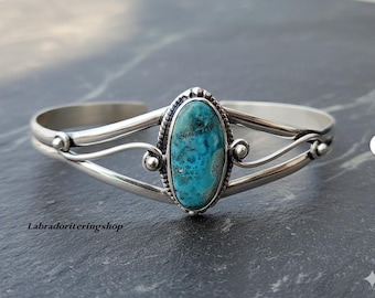 Tibetan Turquoise Bangle: Handmade 925 Sterling Silver Adjustable Boho Bangle