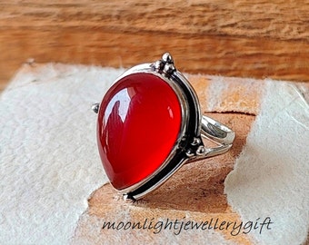 Handmade Carnelian Ring: 925 Sterling Silver Boho Statement Ring