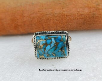 Blue Copper Turquoise Ring: Sterling Silver Boho Promise Ring