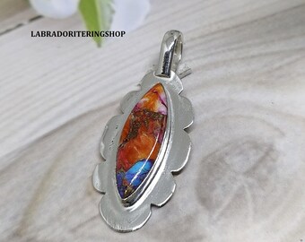 Pendentif huître rose, cuivre et turquoise : pierre précieuse faite main en argent sterling 925