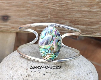 Abalone Shell Bangle: Handmade 925 Sterling Silver Adjustable Boho Bracelet