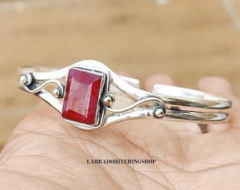 Handmade Rectangle Ruby Bangle: 925 Sterling Silver Adjustable Gemstone Bracelet