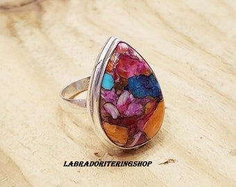 Bague huître rose, cuivre, turquoise : bague faite main en argent sterling 925