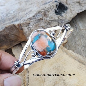 Handmade Oyster Copper Turquoise Bangle: 925 Sterling Silver Adjustable Gemstone Bangle