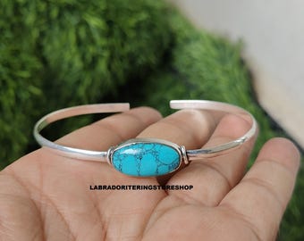 ターコイズストーン シルバーカフバングル ターコイズストーンバングル：925スターリングシルバー製調節可能な