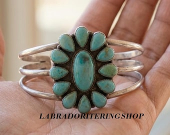 Kingman Mohave Turquoise Bangle, 925 Sterling Silver, Flower Shape Adjustable Jewelry, Gift For Her,