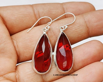 Handmade Teardrop Garnet Earrings: 925 Sterling Silver Boho Jewelry