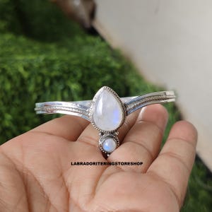 Rainbow Moonstone Bangle: Handmade 925 Sterling Silver Adjustable Bangle