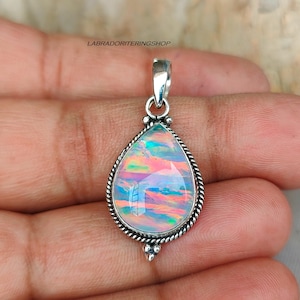 Rainbow Opal Pendant: Teardrop 925 Sterling Silver Necklace