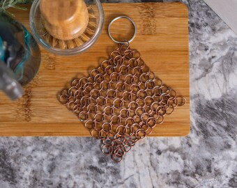 Copper Chain Mail Scrubber with Key Ring, Antimicrobial, Handmade Kitchen Scrubber; For Kitchen, Grill, and Camping; welded/soldered links