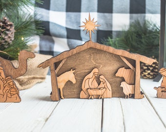 Simple Wood Laser Engraved Nativity Set, Minimalist & Rustic Nativity Scene