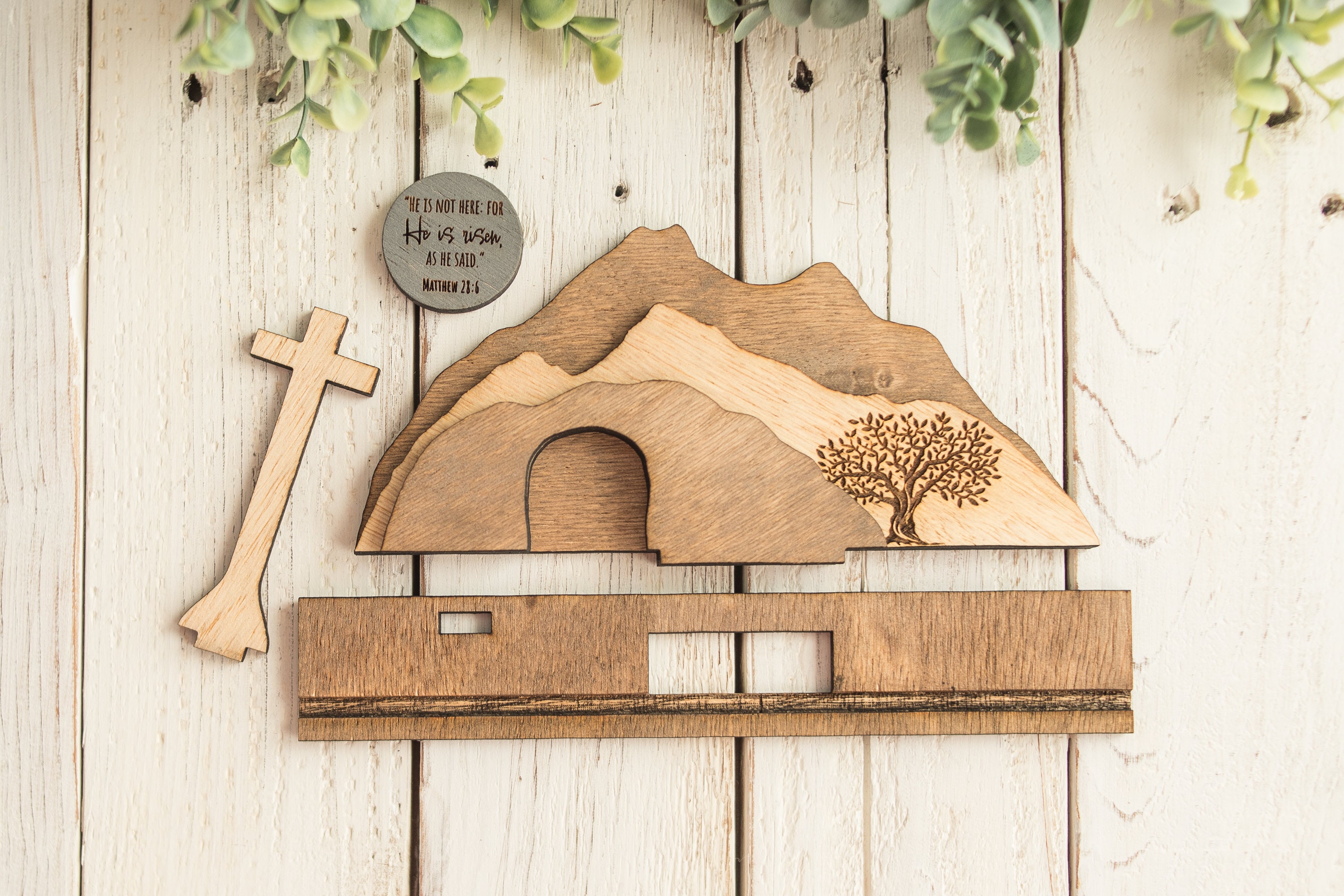 Empty Tomb &quot;He is Risen&quot; Decoration with Cross and Olive Tree, Religious, Christian, Easter Display, Easter Tomb, Laser Cut