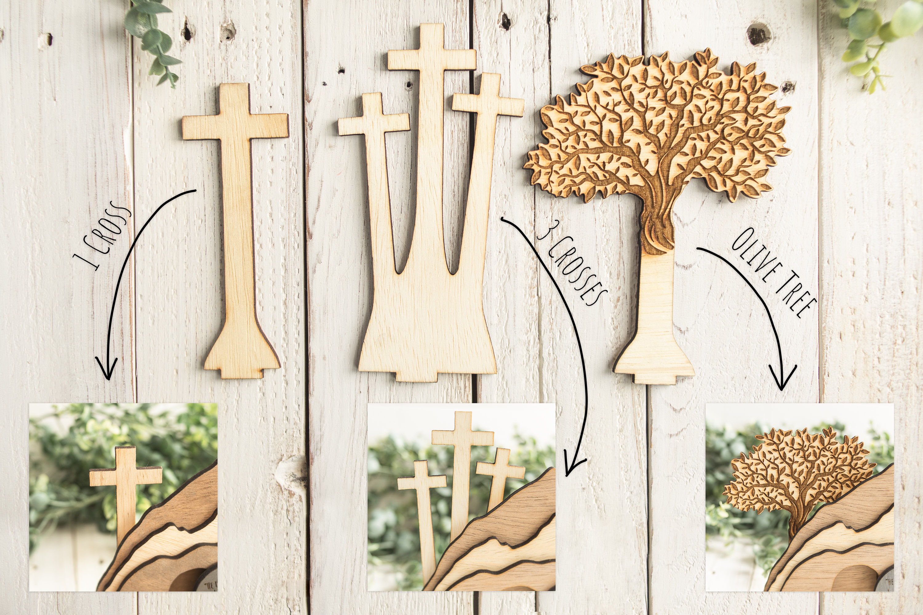 Empty Tomb &quot;He is Risen&quot; Decoration with Cross and Olive Tree, Religious, Christian, Easter Display, Easter Tomb, Laser Cut